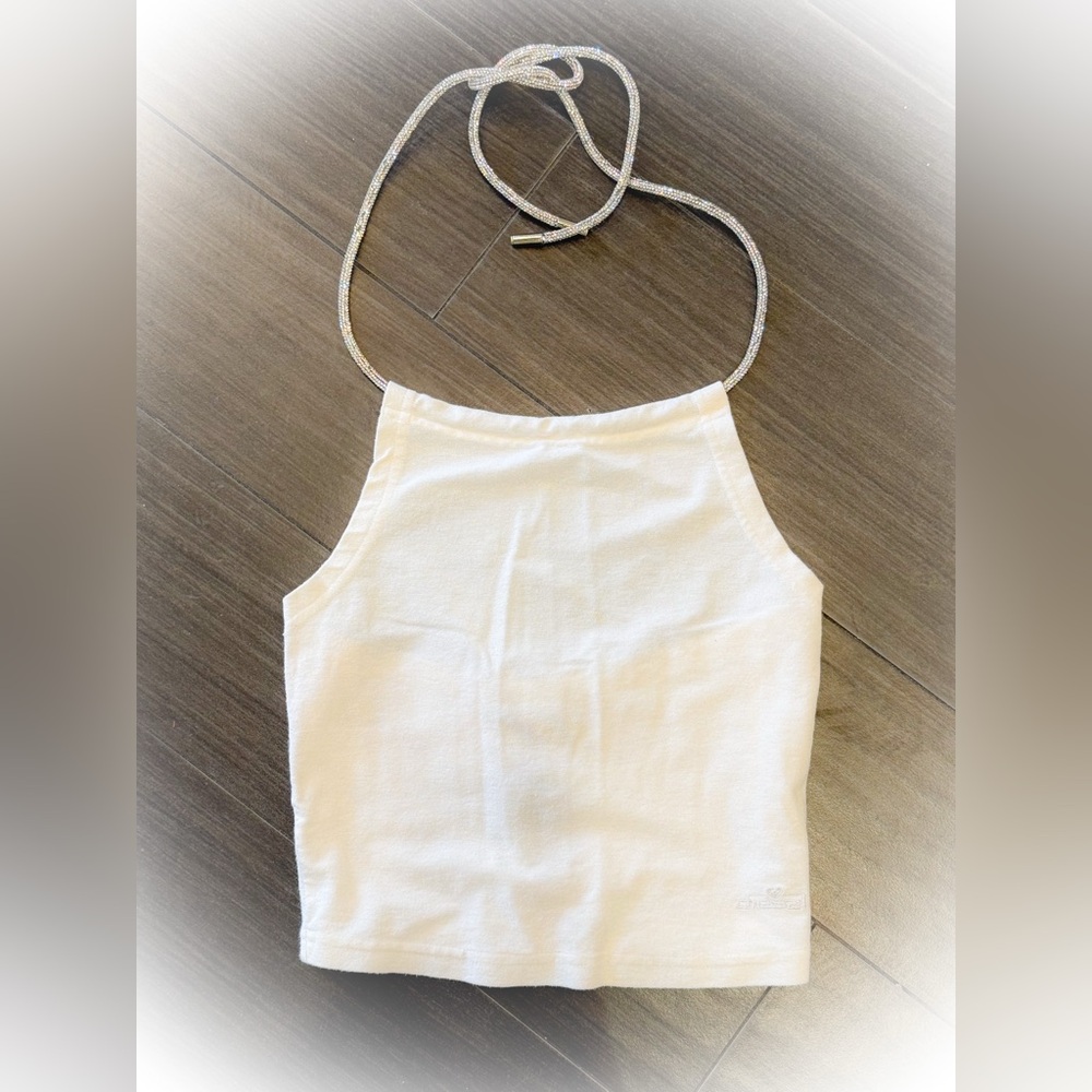 Vintage Y2K Diesel White Camisole with Halter Neck Crystal Ties.